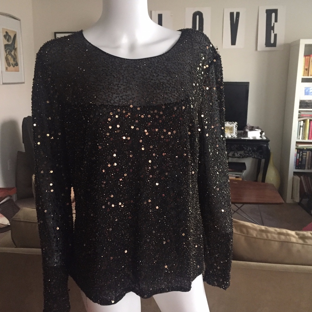 Oleg Cassini Gold Sequin Beaded Long Sleeve Top